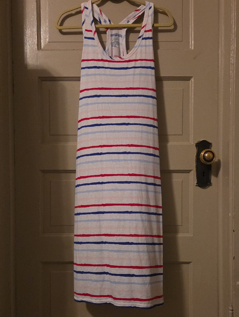 Striped Racerback Tank Dress - Red & Blue Stripes on Light Gray With Pockets